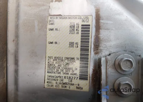 2012 Nissan Maxima 3.5 S z USA, uszkodzony, nr VIN 1N4AA5AP9CC858277